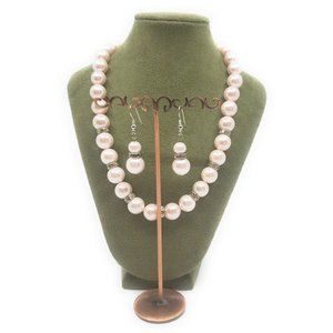 Faux Pearl Necklace with Matching Earrings Set Pale Pink